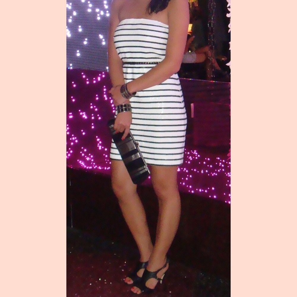 BCBGMaxAzria Strapless Sequined Striped Dress